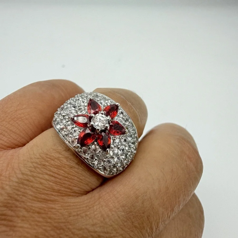 Vtg Sterling Silver 925 Ruby & White Topaz Ring Dome Pave Sz 7 HSN QVC Kelly Ann